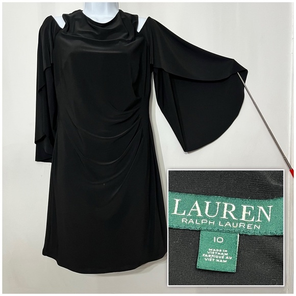Lauren‎ Ralph Lauren Dress Mini Black Cold Shoulder Open Flared Sleeves 10 Rouge - Picture 1 of 9